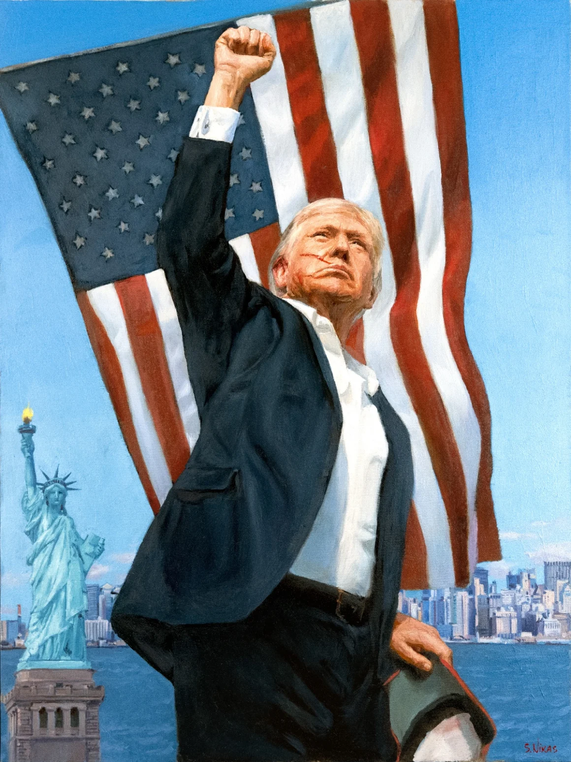 Поръчаното от Кремъл произведение на изкуството на Никас Сафронов показва Тръмп, вдигнал юмрук на сцената след неуспешния опит за убийство на неговия митинг в Бътлър, Пенсилвания през юли 2024 г.  Пресслужба на Никас Сафронов