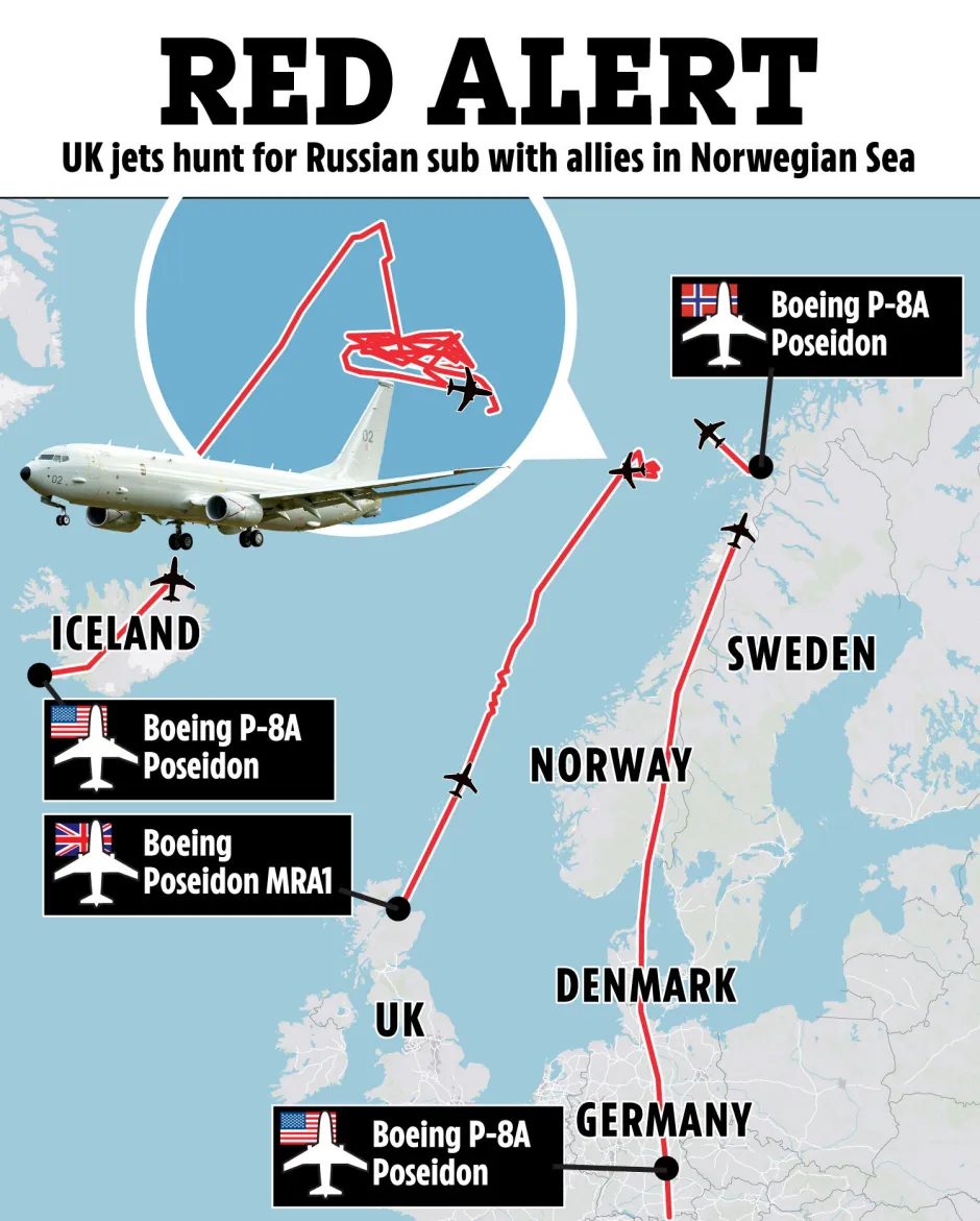 Илюстрация на карта, показваща траекториите на полета на британски и съюзнически самолети, търсещи руска подводница в Норвежко море.