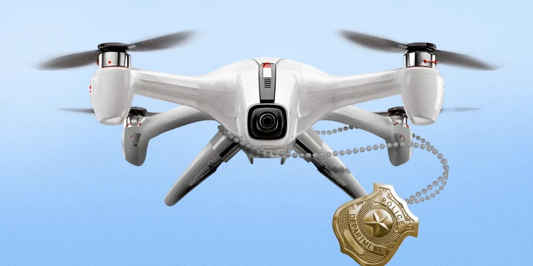 Илюстрация на дрон, носещ полицейска значка на верижка. Илюстрация: Линдзи Бейли/Axios