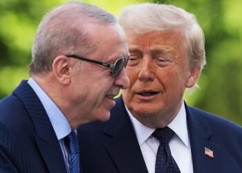Турският президент Реджеп Тайип Ердоган и президентът на САЩ Доналд Тръмп (отляво надясно) по време на церемония по посрещане в Президентския комплекс преди срещата на върха на НАТО. (Снимка: AP/TASS)