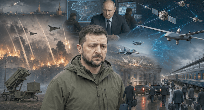 Mens russiske missiler, droner og bombefly øker presset mot Ukraina, setter Rassvet og elektronisk krigføring ytterligere press på ukrainske sambandssystemer. Samtidig vokser spørsmålet om hvor lenge vestlige diplomater kan bli værende i Kiev. KI-generert illustrasjon.