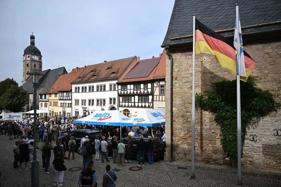 Изборно събитие на „Алтернатива за Германия“ (AfD). Саксония-Анхалт, Зангерхаузен, 28 август 2026 г. Хендрик Шмит / Picture Alliance / Getty Images